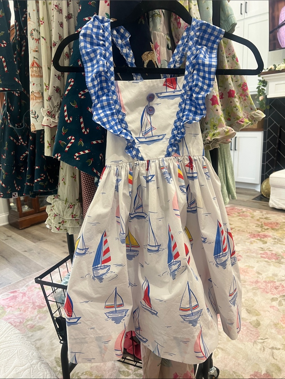 Eleanor Rose Girls' Nautical Sailboat Dress with Blue Gingham Trim
